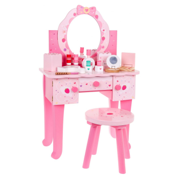 Drewniana toaletka z taboretem dla dziewczynek Domowy salon piękności Makijaż + Akcesoria